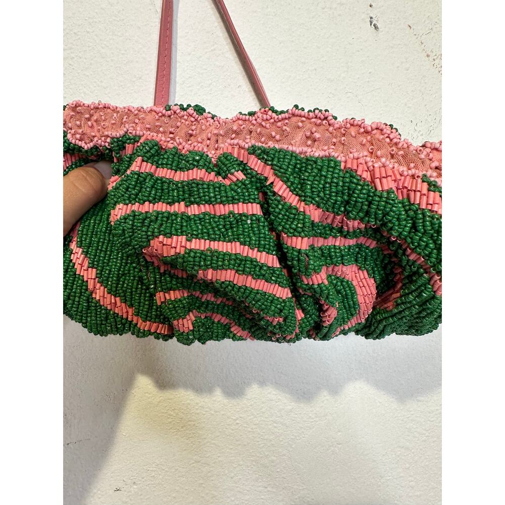 STAUD Pink Green Swirl Psychedelic Beaded Patterned Bean Convertible Bag Purse - Picture 7 of 11